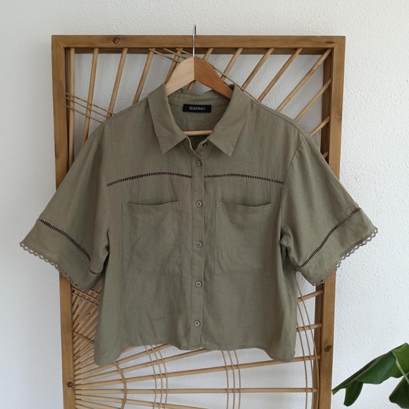 Ellen Tracy Button Front Boxy Linen Boho Shirt Blouse / Size Large - Picture 1 of 8